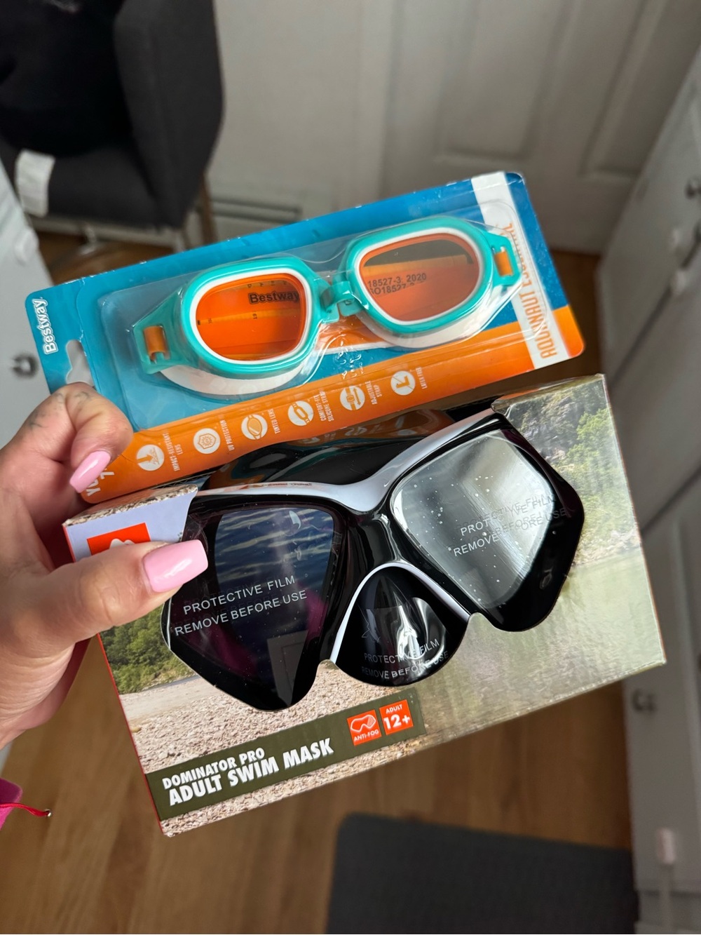 Black Adult Swim Mask & Teal & Orange Kids Goggles